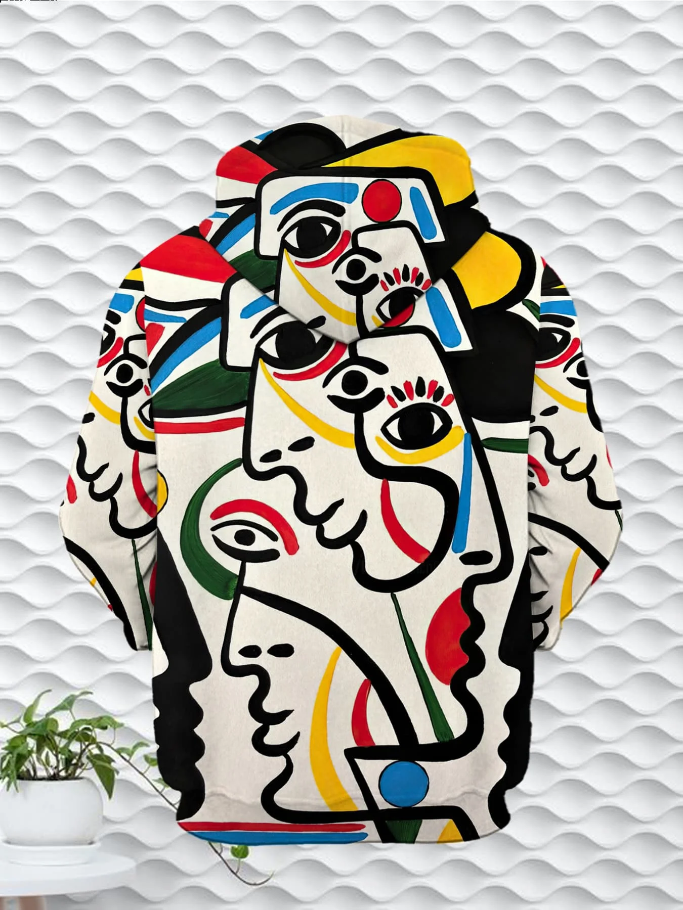 Mens Cream Tone Hoodie Modern Abstract Geometric Human Face Sketch Full Over Print Gallery Daily Casual Sweat Top