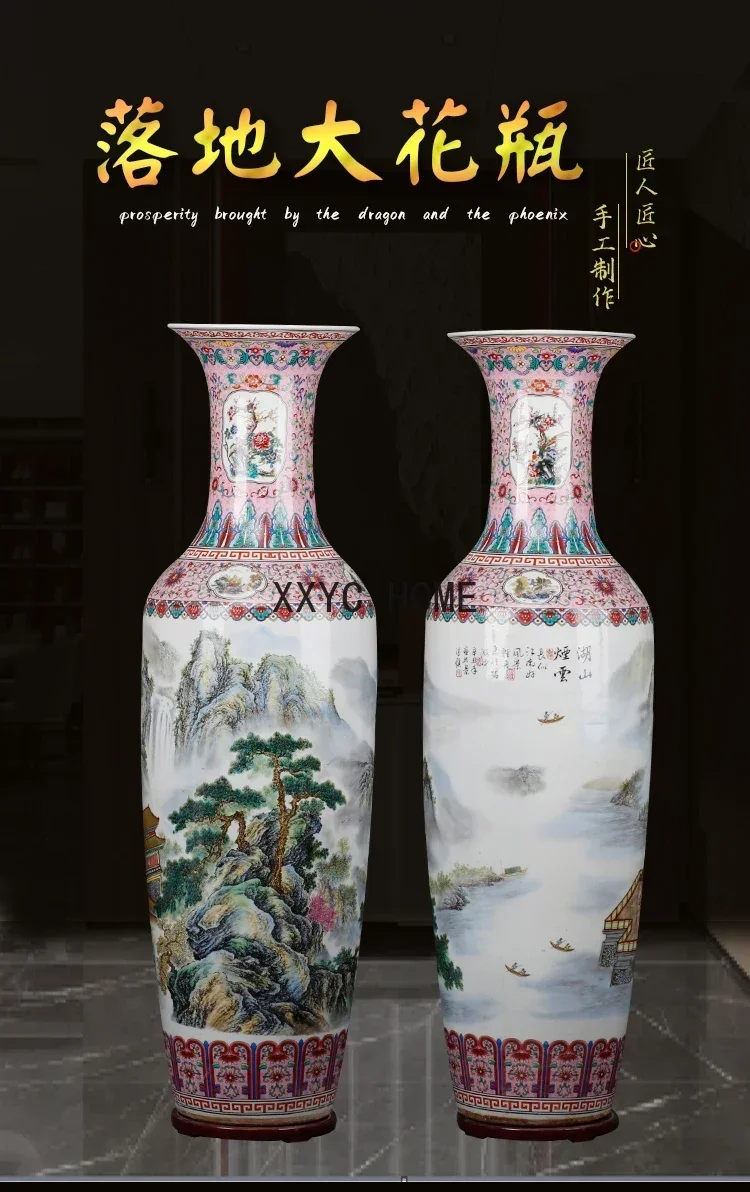 Powder Doped Color Decorated Porcelain Shanshui Floor Vase Home Living Room and Hotel Company Opening Gifts Big Decorations