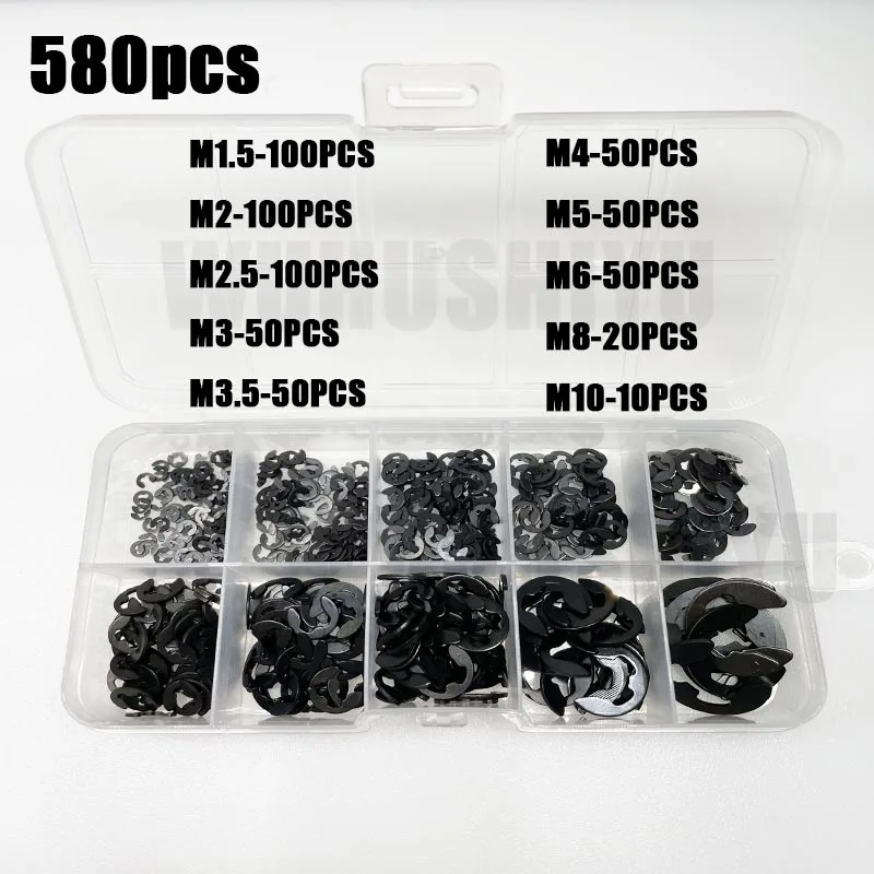 

580/1000pcs Washer M1.2 to M15 Black Carbon Steel External Retaining Ring E Clip Snap Circlip Washer for Shaft Assortment Kit