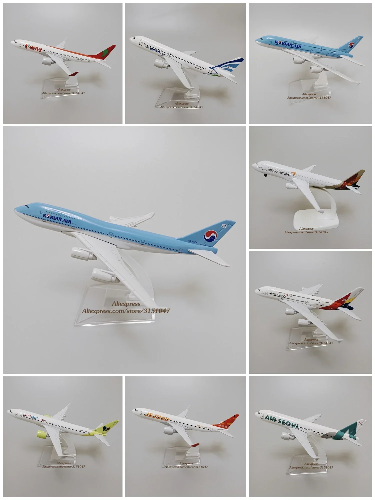 Boeing coreano B747 Airbus A380 JEJU JIN TWAY Boeing B737 Seul BUSAN Asiana Airbus A320 A380, modelo de avión fundido a presión, 16cm