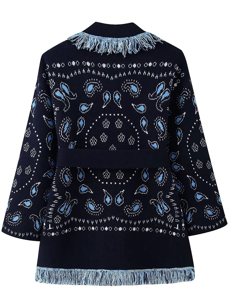 Cardigan lavorato a maglia da donna 2025 Cardigan con decorazione nappa a maniche lunghe con stampa di moda da donna con cintura da donna elegante lavorato a maglia