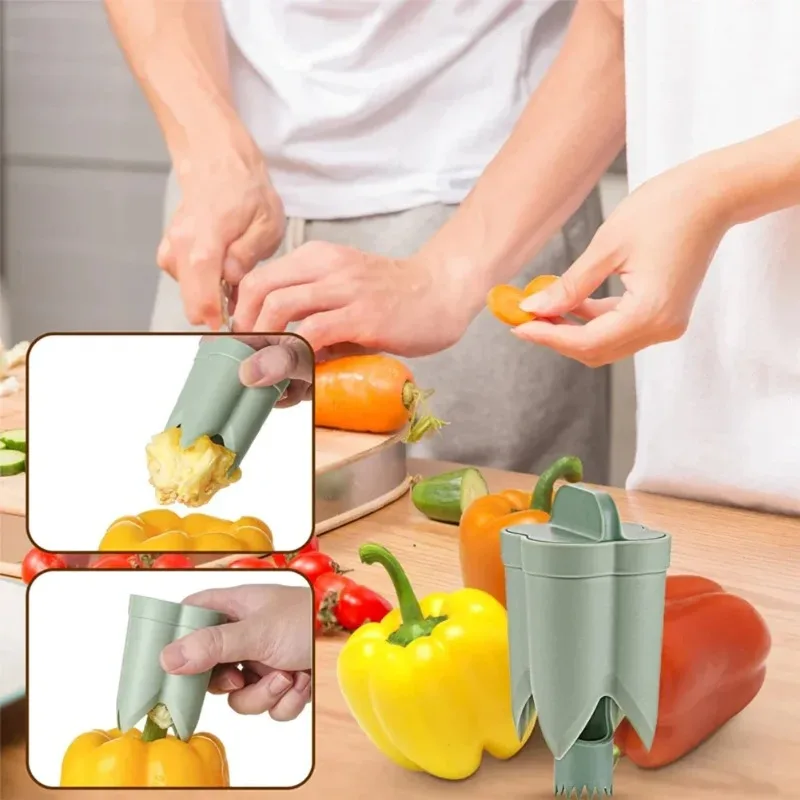 2-in-1 Fruit Pepper  Color Pepper Corer Seed Removing Tool Portable Kitchen Utensil Reusable Fruit Vegetable Coring Too 1PC
