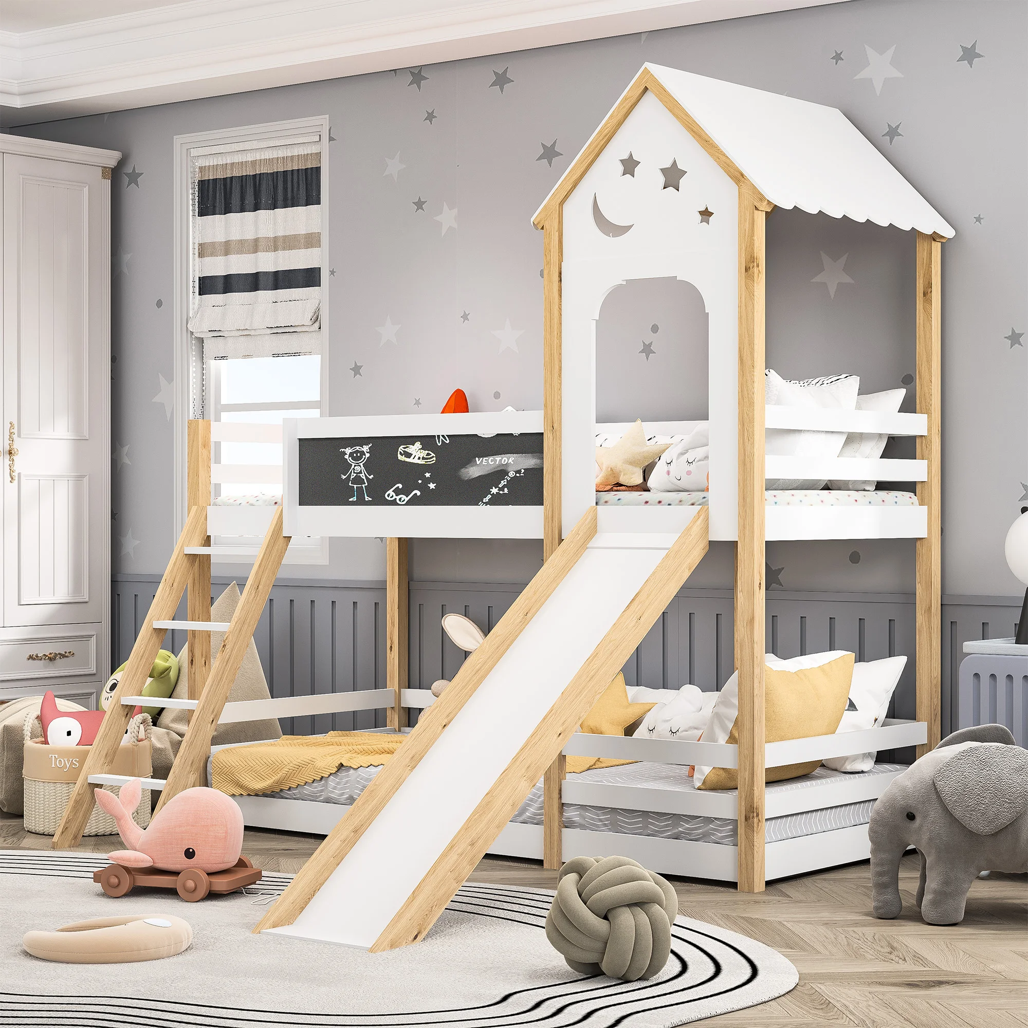 90x200cm Wooden Children's Bunk Bed for 2 Children, Tree House Bed with Fall Protection and and Stairs, Whiteboard