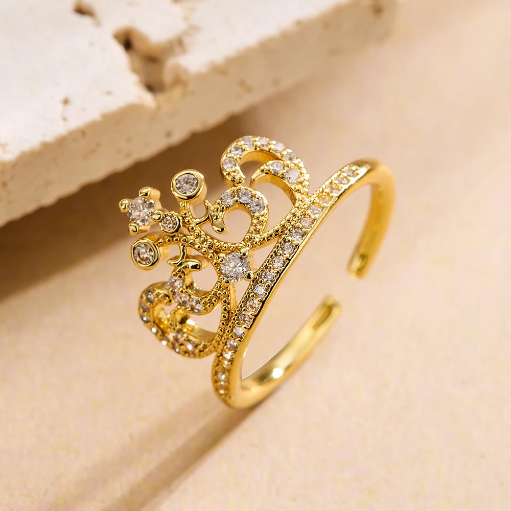 NEWBUY 2024 Trendy Gold Color Crown Charm Finger Rings Open Design Adjustable Shiny CZ Zircon Wedding Jewelry Female