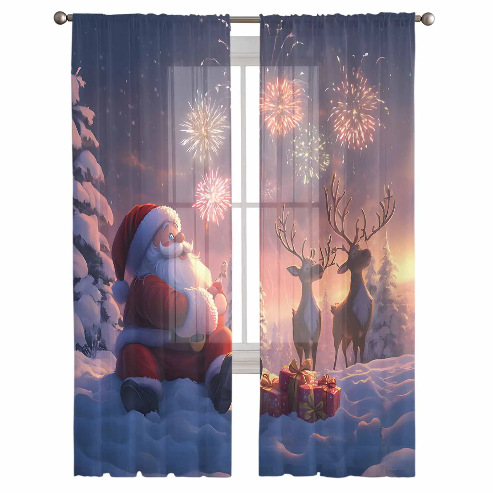 Christmas Old Man Reindeer Curtains Decorations For Home Window Tulle Curtains For Living Room Bedroom