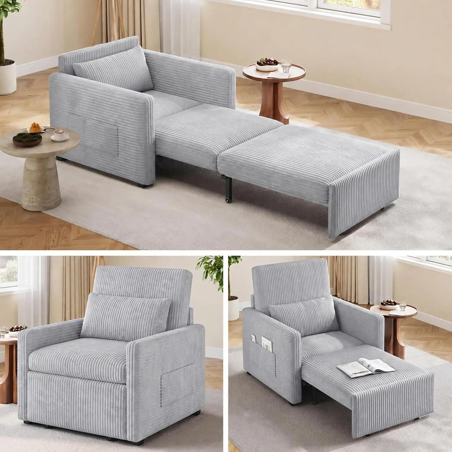 Convertible Sleeper Chair, Corduroy Sofa Bed for Adults, 75.2