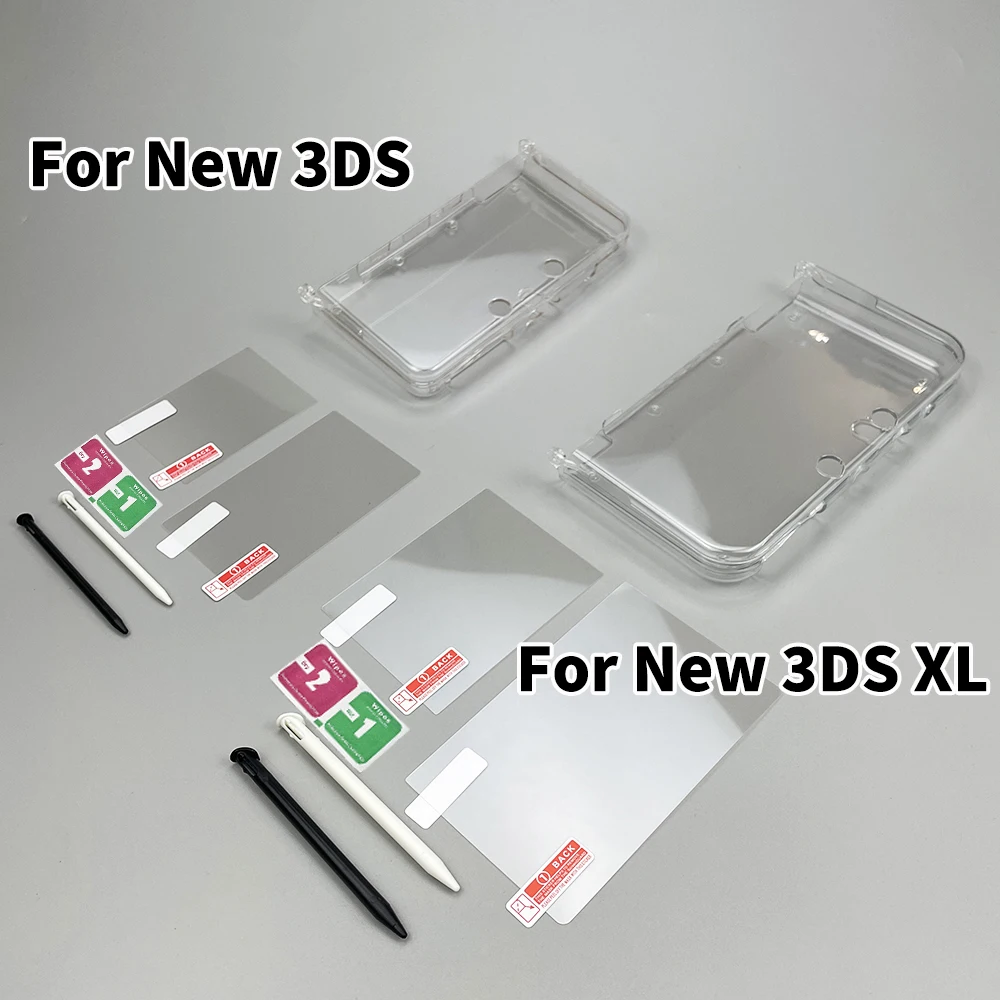 For New 3DS XL LL Clear Split Shell Transparent Protective Cover Case Screen Film LCD Screen Protector Stylus Pen Set