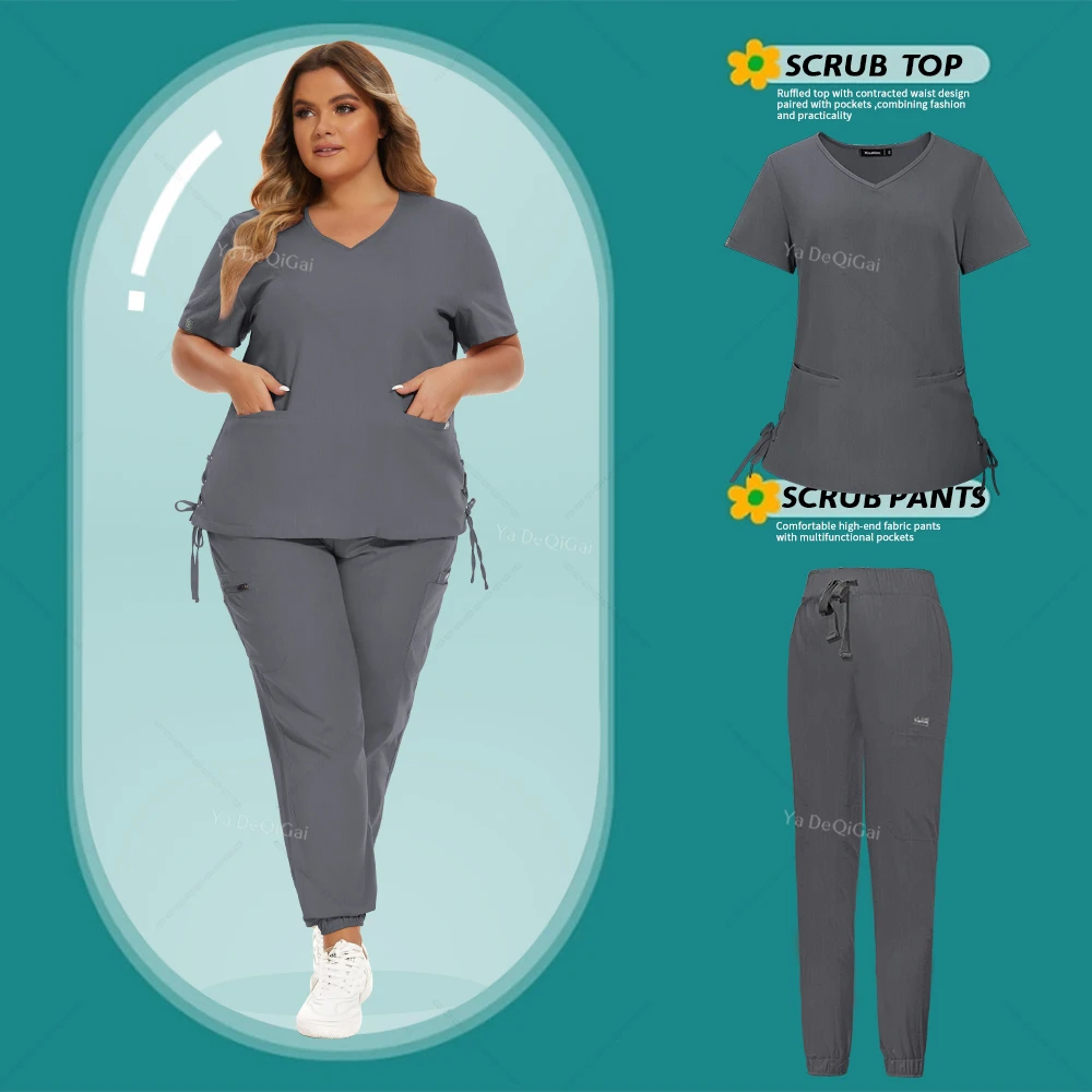 Uniforme médico elástico para mulheres, esfoliante extragrande, conjunto de calças e top cirúrgico, roupas de enfermeira, acessórios clínicos