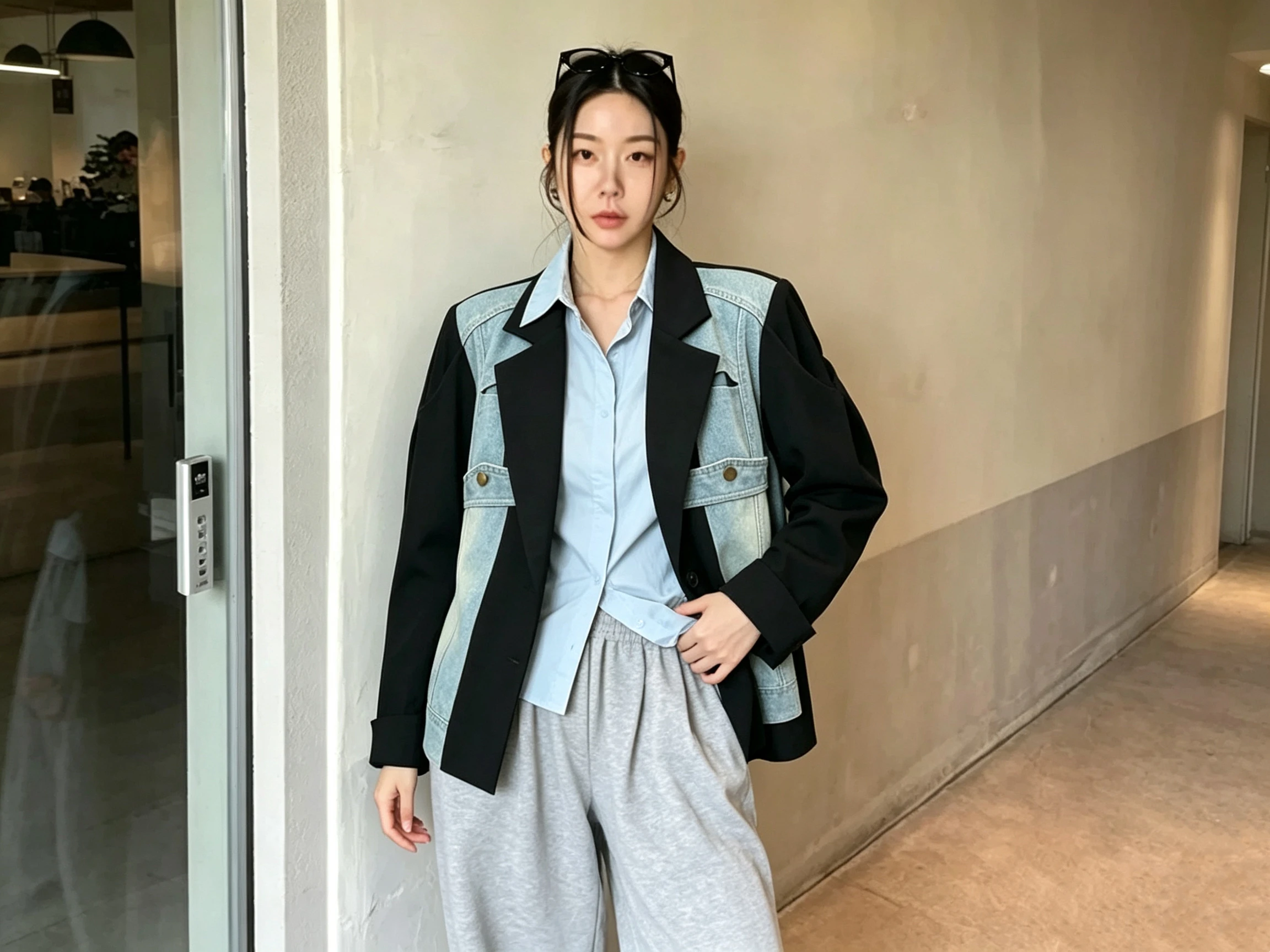 SuperAen Contrast Color Denim Patchwork Blazer for Women 2026 Autumn New Casual Fashionable Design Loose Suits