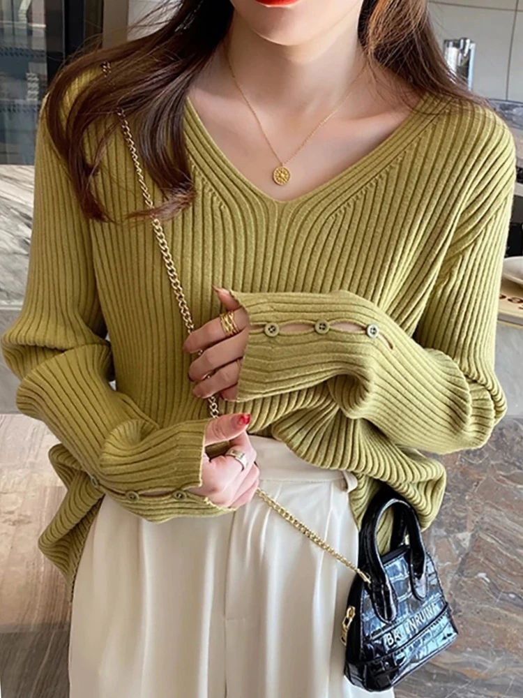 

2025 Femme Basic Solid Jersey Tops Autumn Winter Women Sweaters Long Sleeve Knitted V Neck Button Pullover Fashion Clothes