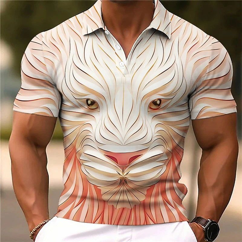 Luxury Gold Accent White Tiger Head 3D Print Polo Shirt Men Pink Floral Short Sleeve Casual Athletic Golf T-Shirt