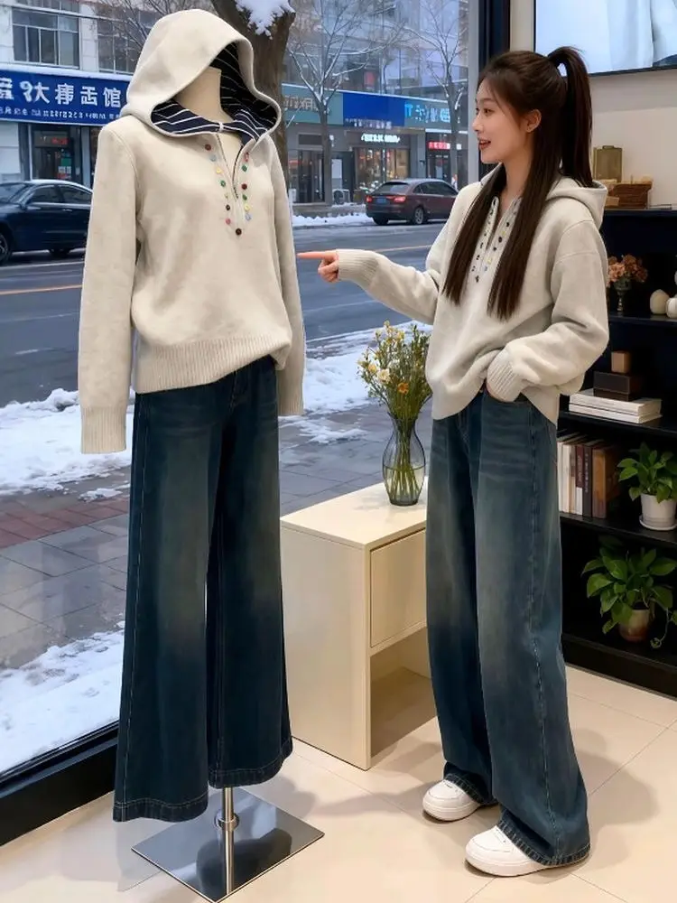 

Korean Lazy Sle Button f Zipper Hoodie Women's Autumn Winter New Design Versatile Knitted Top Soft Long Sve