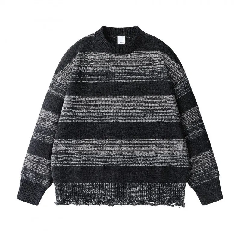 

Осень-зима 2025: японский полосатый потертый и рваный свитер с круглым вырезом в стиле ретро, свободный крой унисекс, утолщенный теплый вязаный пуловер