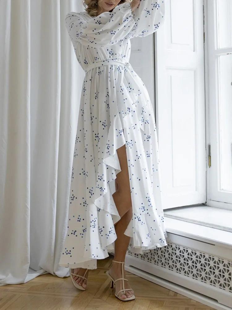 Lemongor Women's Blue Polka Dot High Split Ruffled Maxi Dress Puff Sleeves V Neck High Waisted Tied Waist Evening Long Dresses