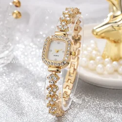 Rose Gold Watches Crystal Bracelet Fashion Versatile Diamond Inlaid WOMEN'S Small Steel Band Quartz Watch with Bracelet Set