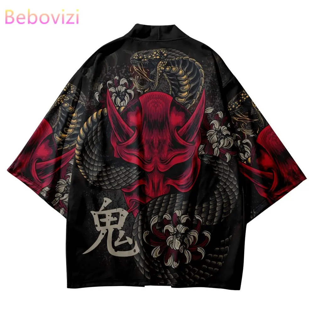 Demon Snake Print Japanese Kimono Streetwear Men Women Cardigan Haori Harajuku Traditional Beach Yukata Cosplay Clothing