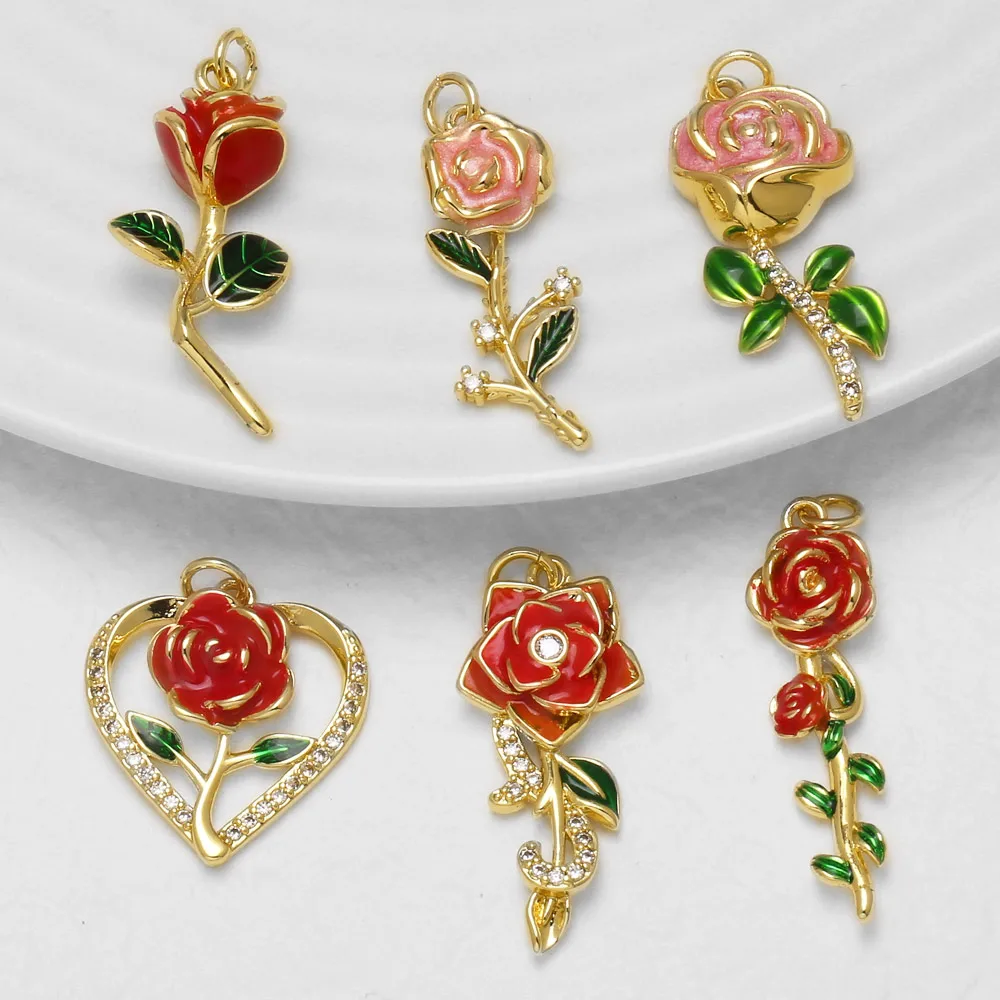 OCESRIO Red Pink Enamel Rose Flower CZ Leaf Necklace Pendant Copper Gold Plated Charm DIY Jewelry Making Supplies pdtc049