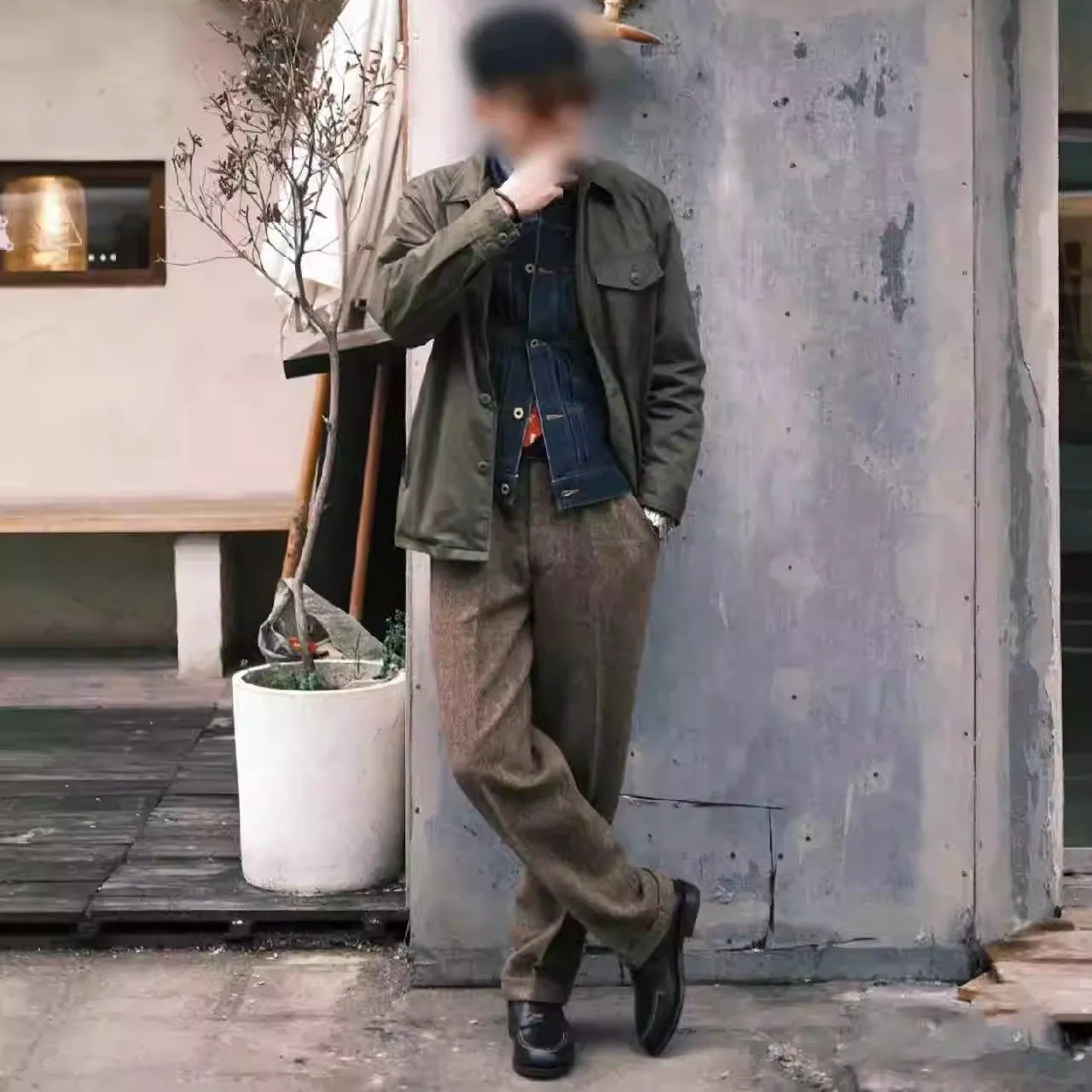 Autumn Pants in Khaki Melard Style with Herringbone Pattern, Wool, Wrinkle-Free, Cold-Resistant, Plus-Size American Retro Casual Pants