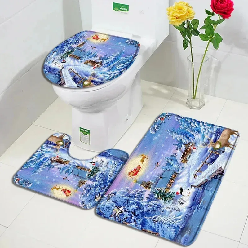 

IJH36Рождественский набор ковриков для ванной Белый камин Рождественская елка Розовый венок Свеча Новогодний декор для ванной комнаты Ковер Нескользящий коврик для унитаза 2Mh $