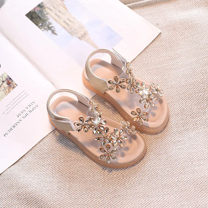 Summer Girls Sandals Rhinestone Flip Flops Children Princess Shoes Girls Bling Slipper Beach Shoes Kids Bowtie Slides Baby