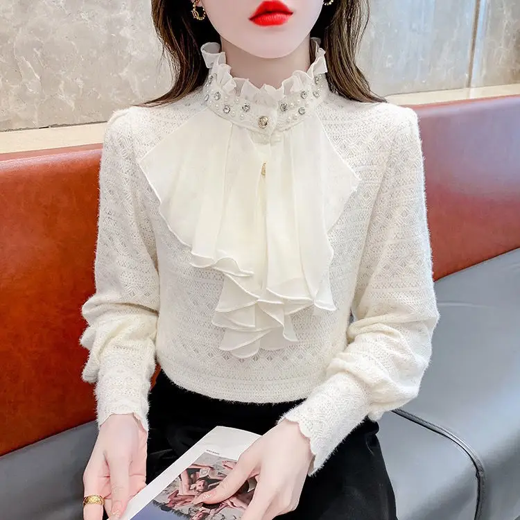 Fashionable Long Sleeve Lace Base Shirt Women's Outerwear Autumn Stylish Design Trendy Top Quality Material Sleeveless E11271