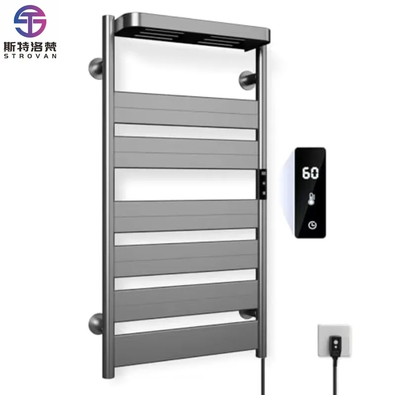 رف المناشف الكهربائية، رف تسخين مناشف الحمام المثبت على الحائط ورف تجفيف المناشف مع وظائف توقيت وتعديل درجة الحرارة.