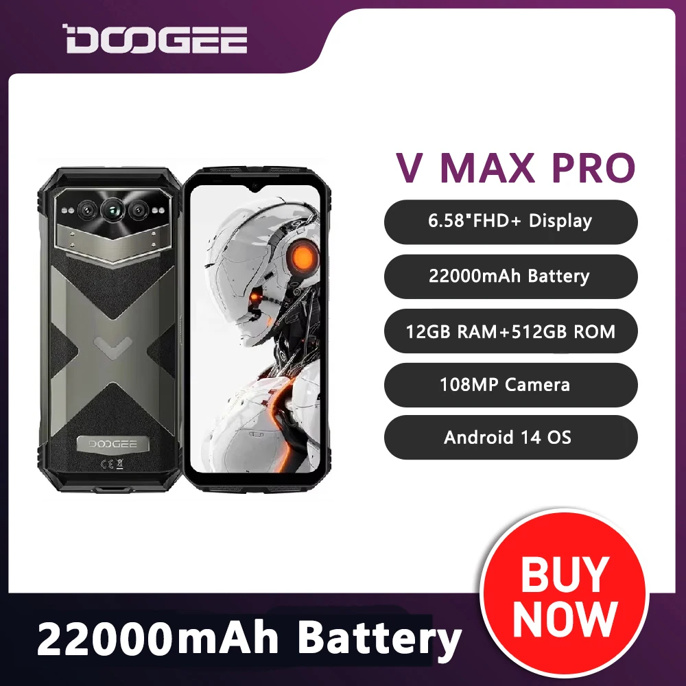 DOOGEE V MAX PRO Rugged Phone 5G 6.58" 22000mAh Battery12GB+512GB Mobile Phone 108MP AI Camera 33W Smartphone Android 14 NFC