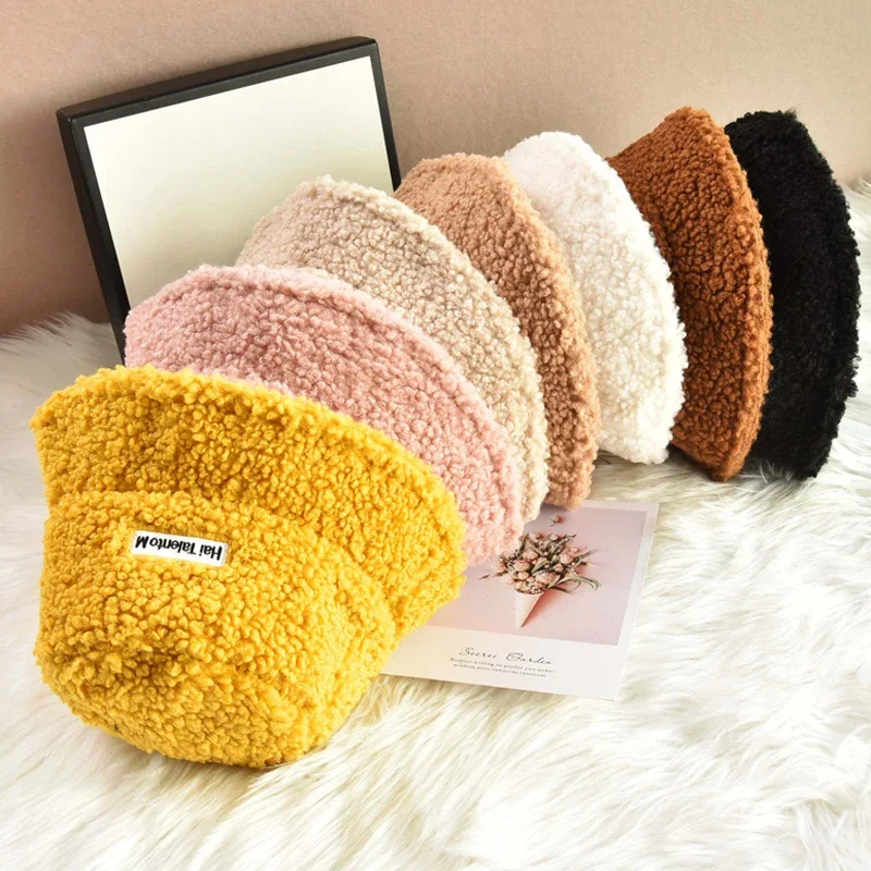 Unisex Lamb Wool Faux Fur Bucket Hat Winter Warm Teddy Velvet Hats for Women Lady Thicken Bob Panama Outdoor Fisherman Hat Caps