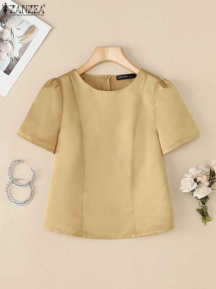 Stilvolle Frauen Tops ZANZEA Elegante Sommer Satin Bluse Kurzarm Solide Büro Hemd Casual O Neck Arbeit Blusas Mujer Femme 2025