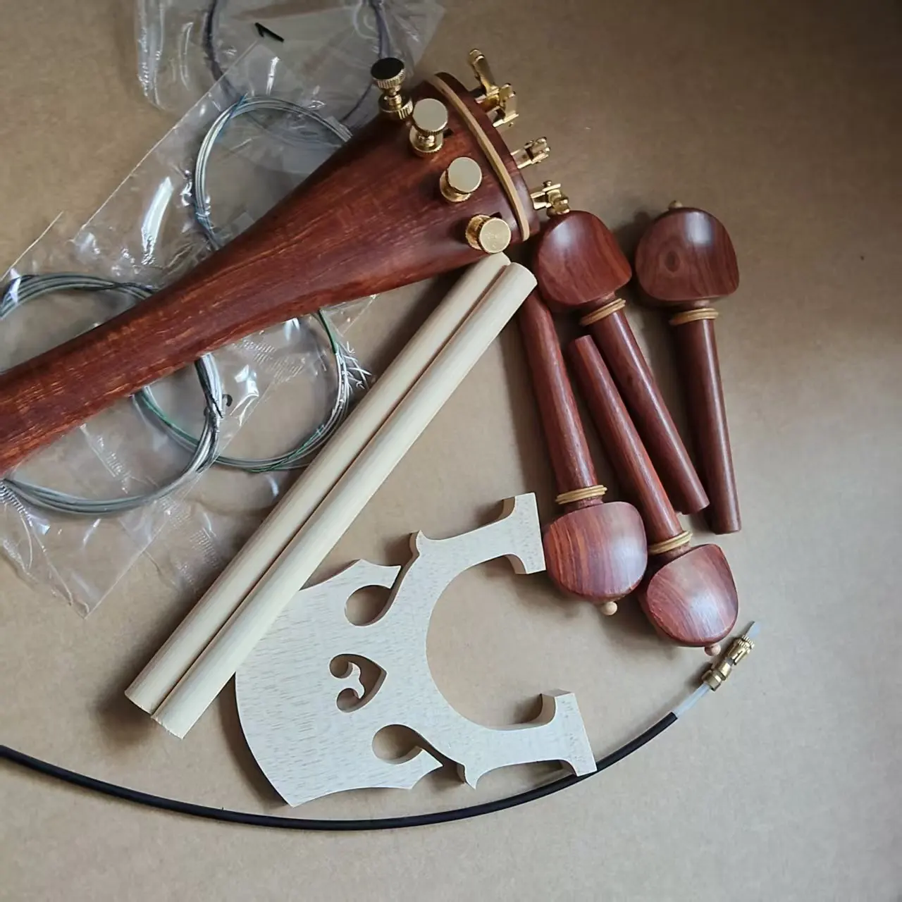 1 Set Cello Parts Rosewood With Boxwood Collar Gold Color 4 PCs Cello Fine Tuners 1 PC Nylon Tail Gut Cello String and Post 4/4