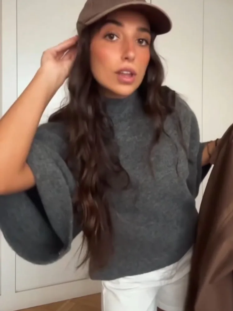 HH женский модный свободный короткий пуловер с длинными рукавами, женский свитер с круглым воротником и широкими рукавами, однотонные 2-цветные осенние топы для отдыха