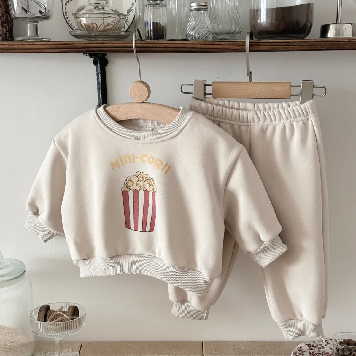 Winter Thickened Newborn Boy Girl 2Pcs Plush Popcorn Pattern Printing Versatile Suits Outfits Set Children's Clothing