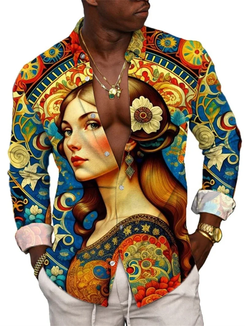 

2025 New Court Style Button Down Men's Shirt Luxury Watercolor Beauty 3D Print Men's Long Sleeve Shirt Vintage Pattern Shirt