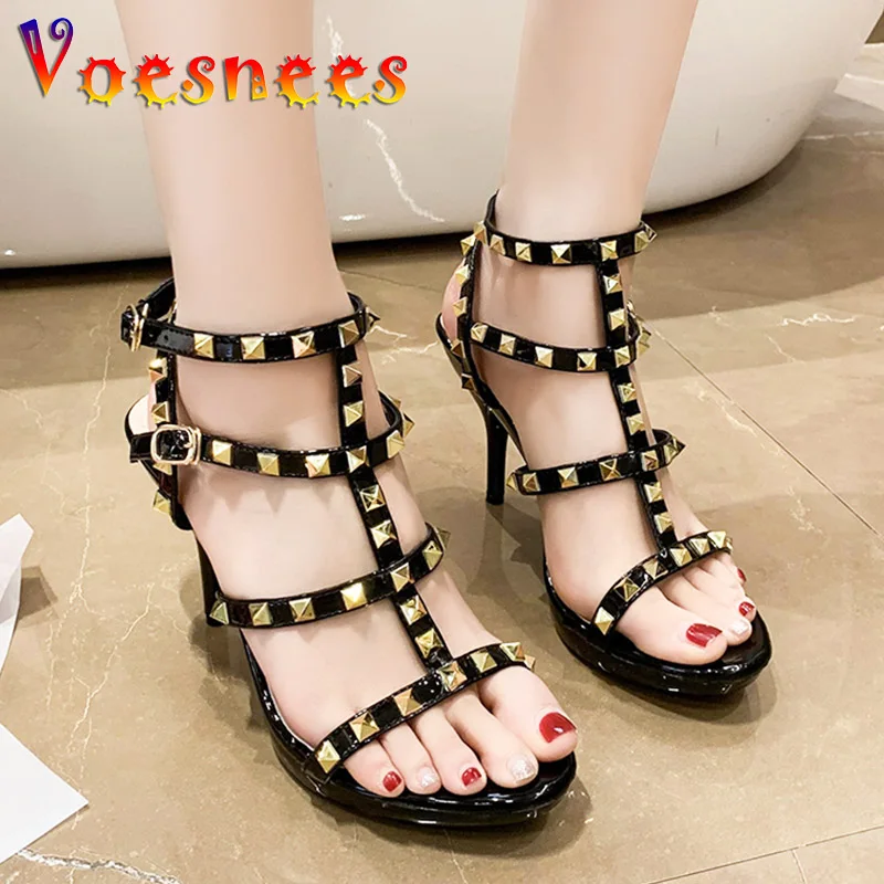 2023 Hot Sell Women Rivets Sandals Summer 10CM Stiletto Pumps Plus Size Fashion Wedding Shoes Cross Thin Band High Heels Black