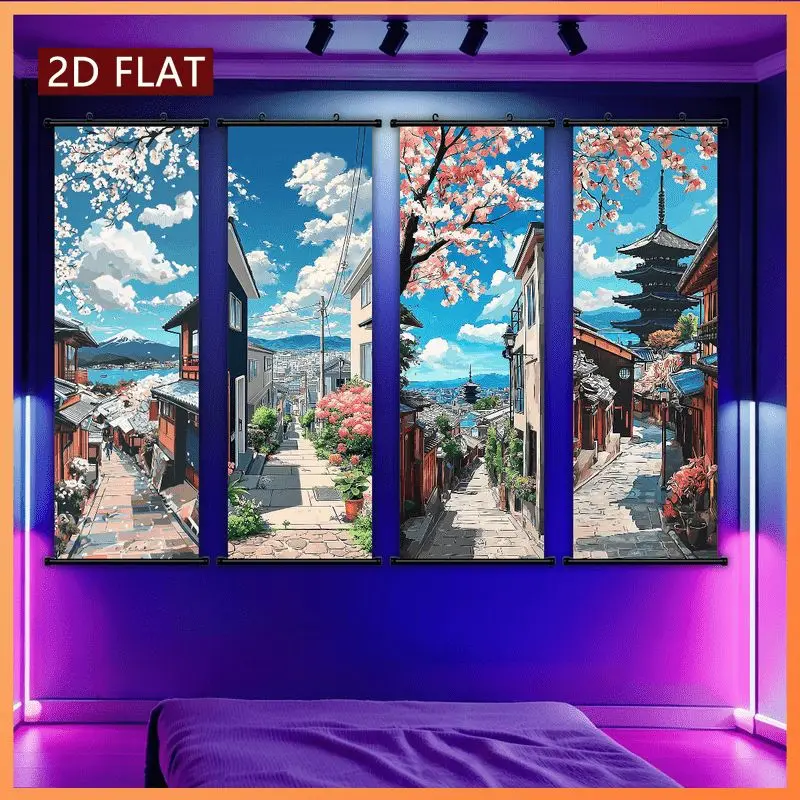 VIKAMA Sakura Lane Mount Fuji Wall Tapestry Five-story Tower Azure Sky Cityscape Japanese Scroll Art Home Decor Artistic Gift