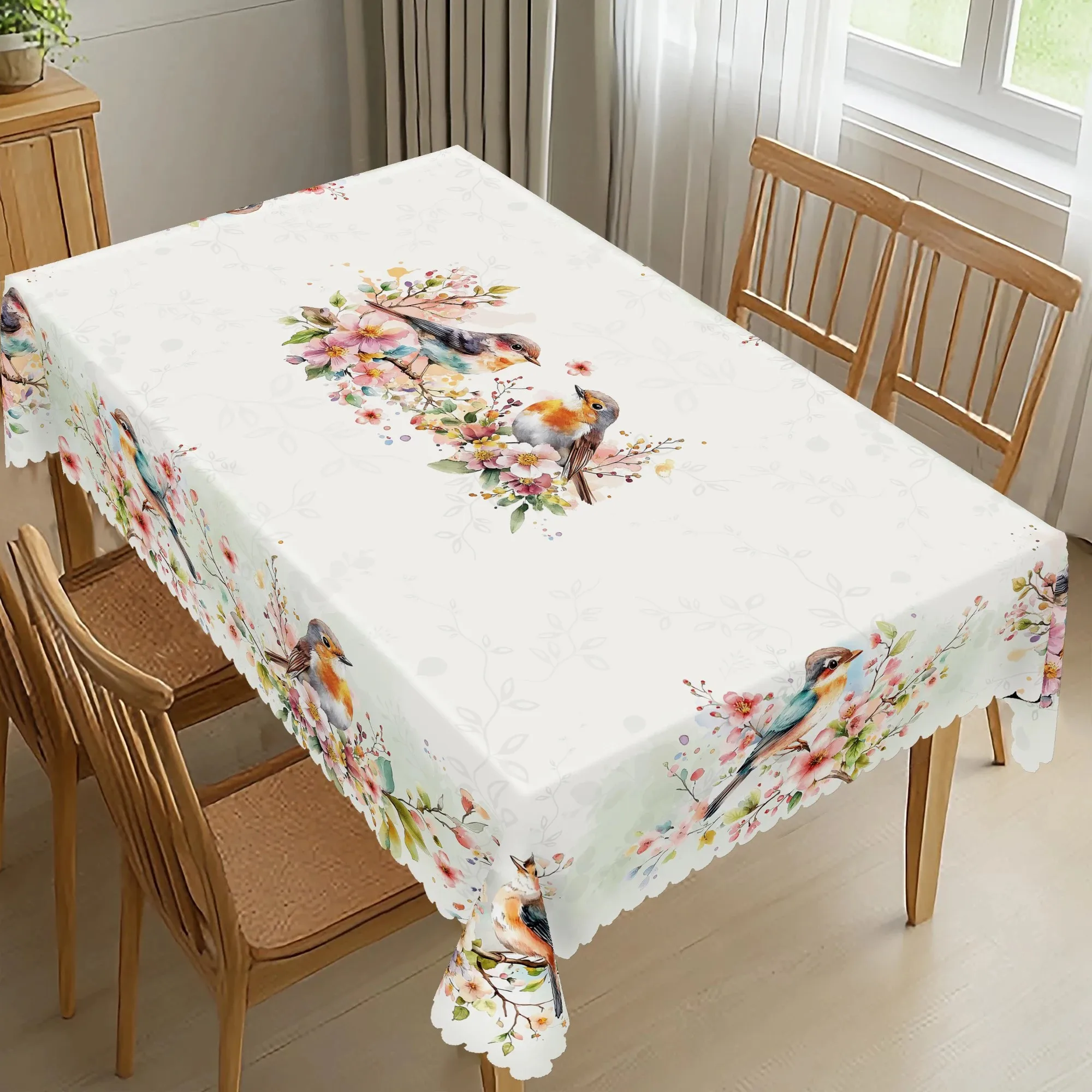 VIKAMA Aquarell-Tischdecke mit Blumen- und Vogelmotiv, ölbeständig, Küchen-Esstischdekoration, Couchtischdecke, Heimdekoration