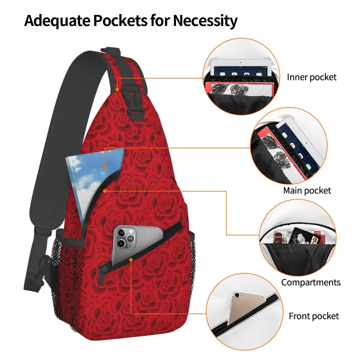 Red Roses Floral Pattern Chest Bag Men Sling Crossbody Backpack Chest Bag Traveling Hiking Daypack Shoulder Bag