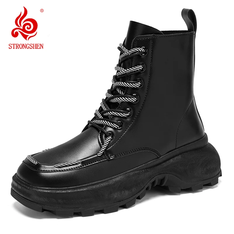 

STRONGSHEN Men Leather Boots Fashion Outdoor Motorcycle Ankle Boots Outdoor Fashion Non-slip Lace Up High Top Shoe Botas Hombre