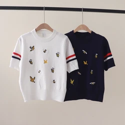 Summer new style college wind two-sleeved color ribbon bee animals embroidered round collar sleeve short-sleeved knitted T-shirt