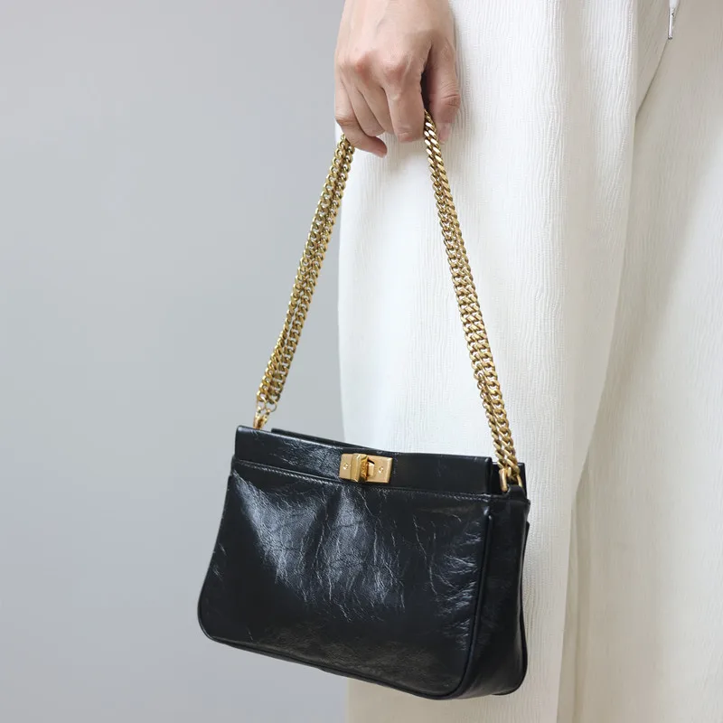 Real Leather Chain Crossbody Bag For Women Luxury Designer Commuting Shoulder Bags Black Soft Versatile Cowhide Handbag Fashion