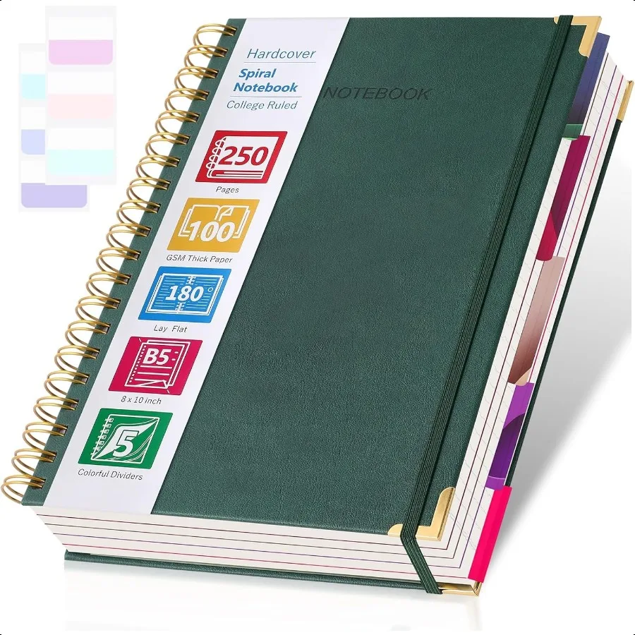 Quaderno a spirale 8,5 x 11 Quaderno con 5 soggetti Quaderno universitario con copertina rigida con divisori Quaderni grandi in pelle per lavoro Sch