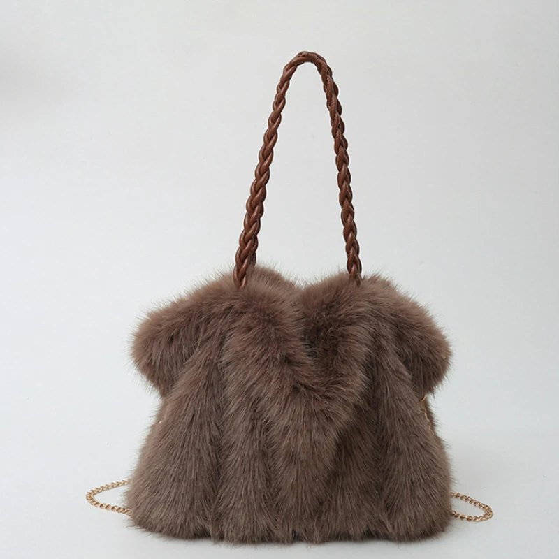 

New Winter Women's Plush Bags Retro Braided Handle Large Capacity Luxury High-end Tote Shoulder Bag Metal Chain Crossbody Bag