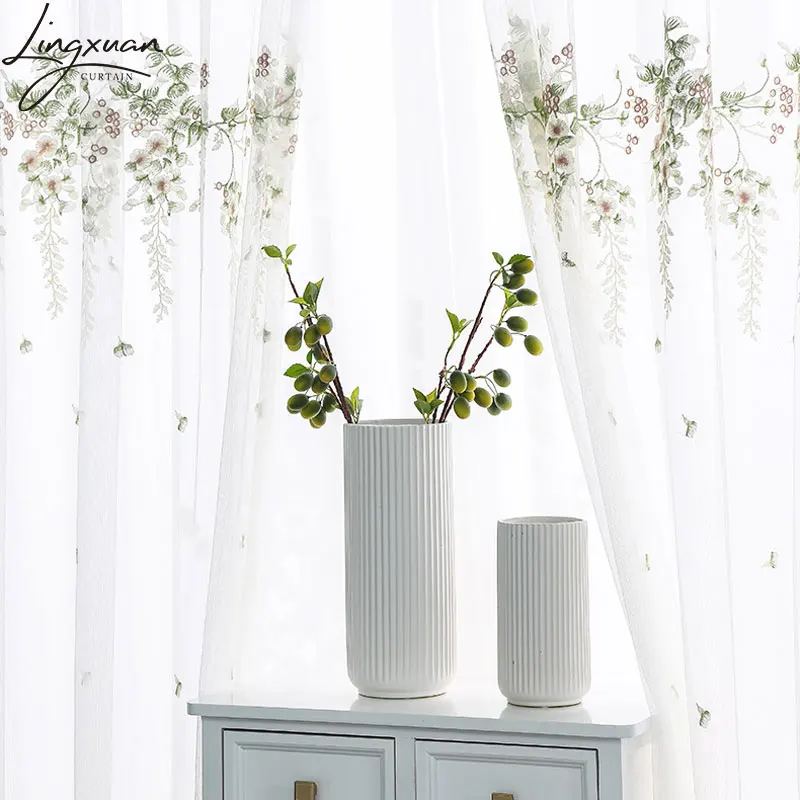 Korean Embroidered Tulle Curtains for Living Room Floral Sheer Voile Curtain For Bedroom Kitchen Window Treatment Blinds Customs