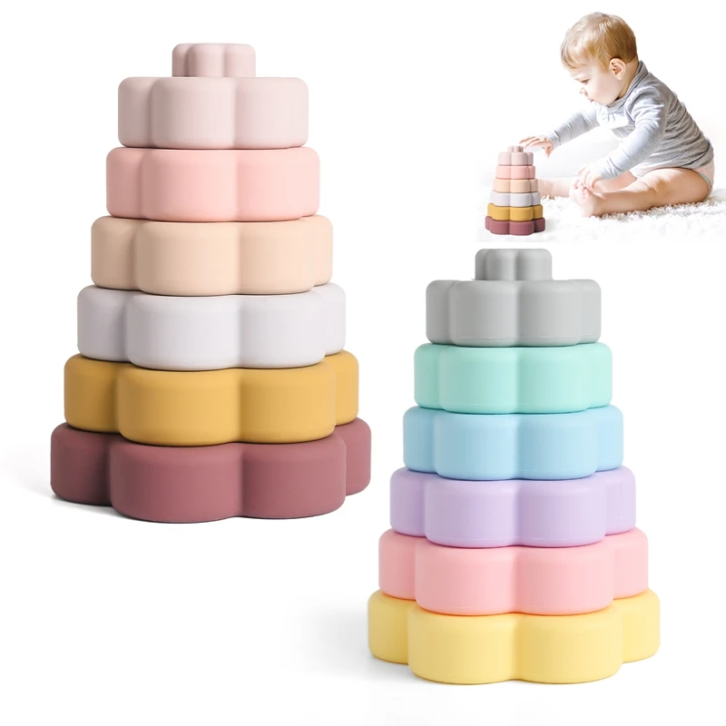 Montessori Education Puzzle Toy Kids Food Grade Silicone Flower Shaped Blocks Children Building Stacking Game Toy Baby Gifts