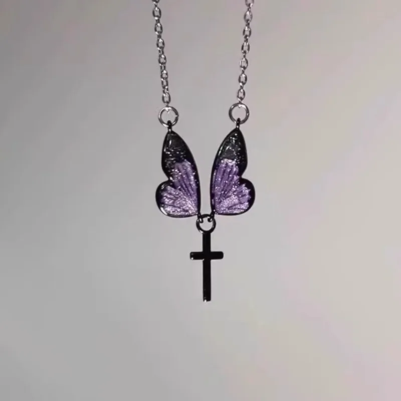 

Punk Metal Butterfly Wing Cross Pendant Necklaces for Women Simple Purple Wing Clavicle Chain Necklaces Party Jewelry Gifts
