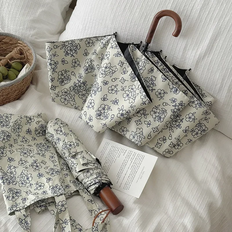 Retro Floral Curved Handle Umbrella with Dual Function Sun Protection and UV Protection, Compact and Convenient To Carry