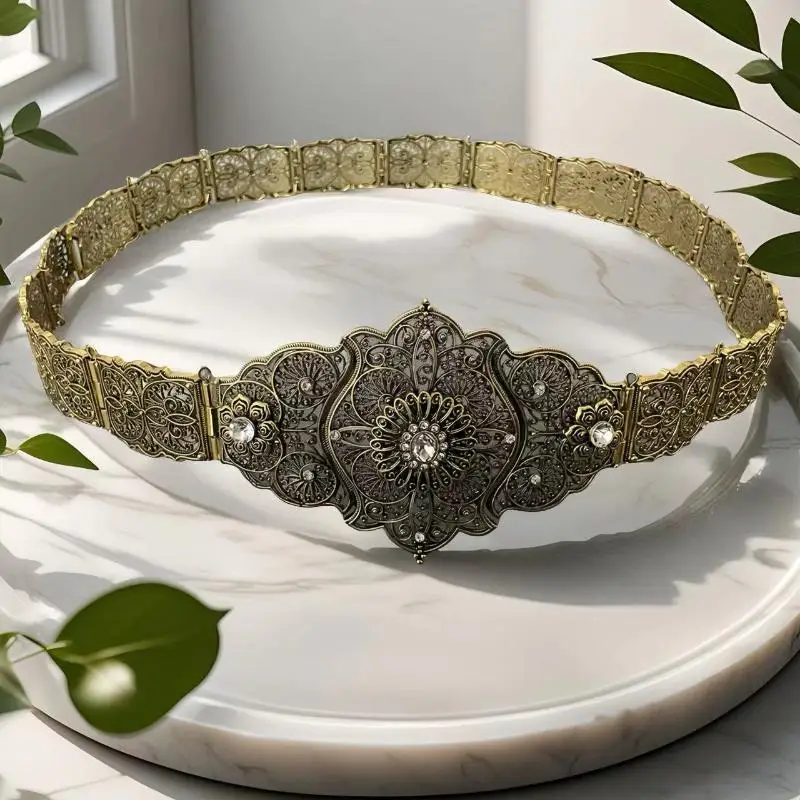 Caucasus Dress Belt For Women Turks Flower Waist Belt Belly Chain Adjustable Length Antique Gold Silver Color
