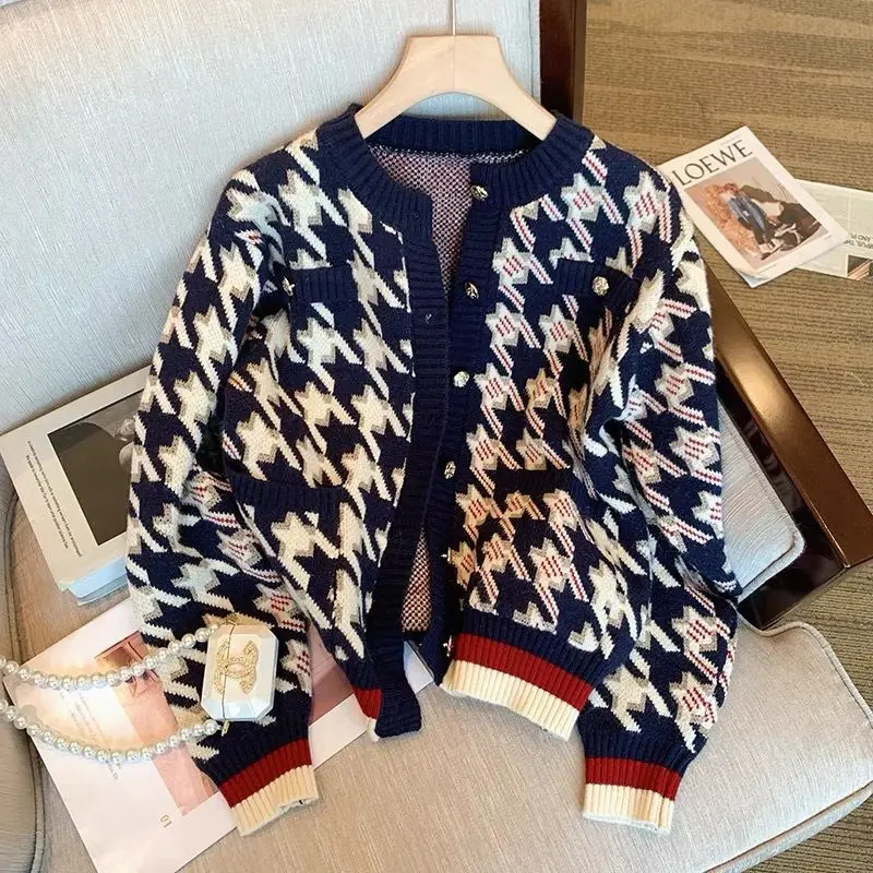 Women Retro Houndstooth Luxury Chic Single Breasted Knitted Cardigan Autumn Winter Casual O Neck Long Sleeve Loose Sweater Coat