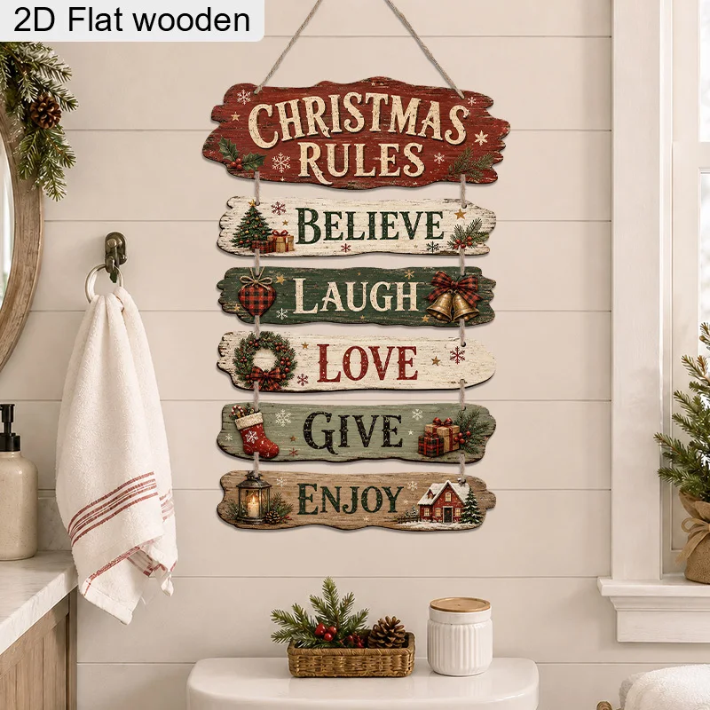 Set of 6 Large, Thick, 2D Flat Wooden Christmas Plaques with the Phrases 