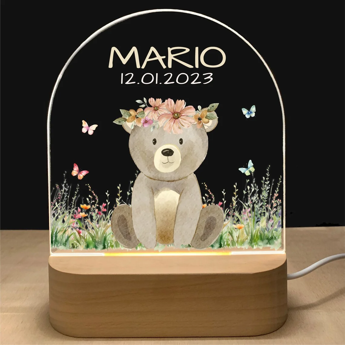 Personalized Baby Night Light USB Wood Base Lamp Custom First Name 3D Lamp For Baby Kids Bedroom Table Animal Night Lamp Gift